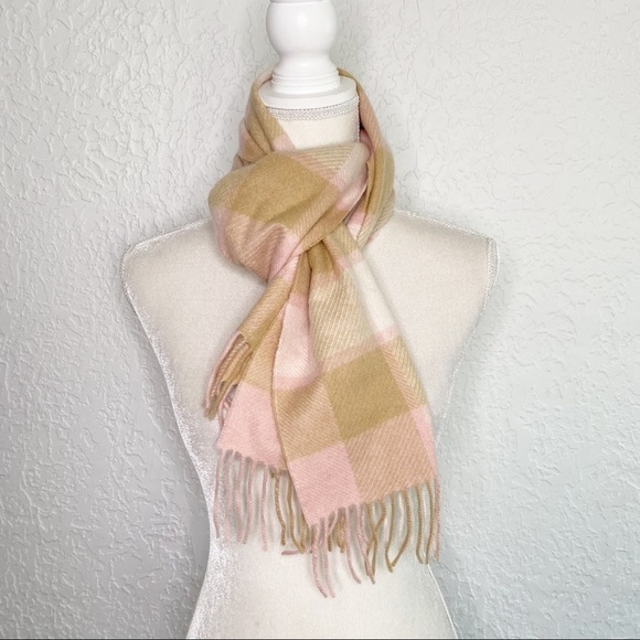 Louisa Perini 100% Cashmere fringe Plaid Scarf Pink & Beige - Picture 3 of 6